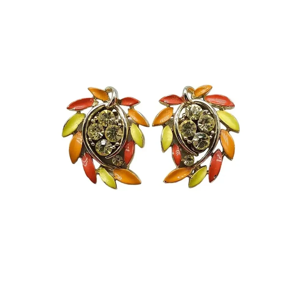 Orange Yellow Enamel Yellow Rhinestone Leaf Clip-On Earrings Gold Tone Vintage